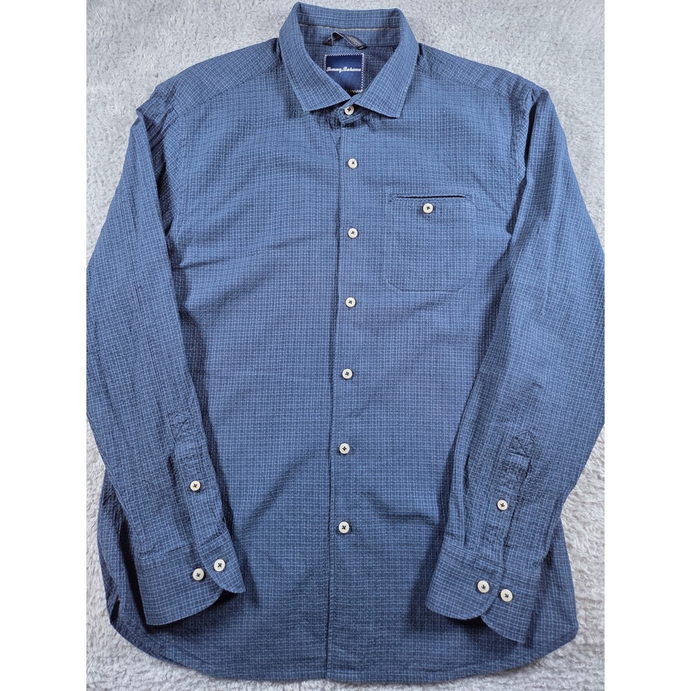 Tommy Bahama Button Down Shirt Large Blue Mens Silk Cotton Grid Long Sleeve